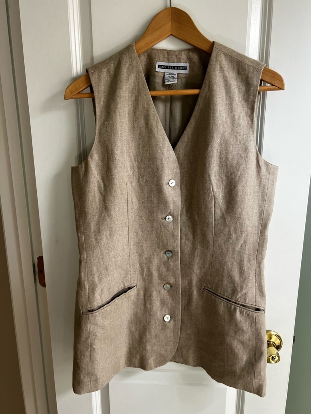 Jennifer Moore Taupe Button-Front Linen Blend Vest